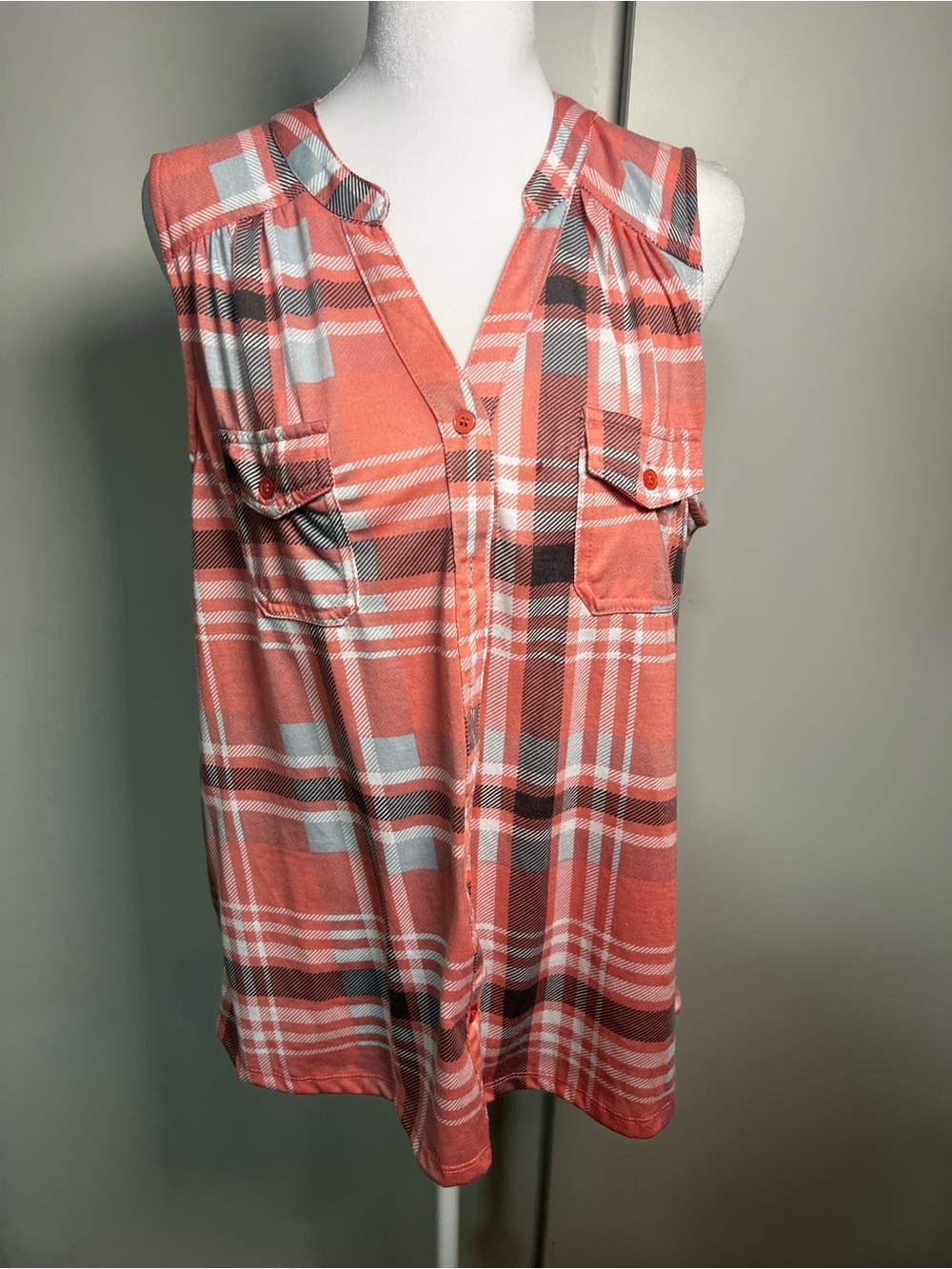 French Laundry Coral and White Plaid Sleeveless Button-Front Camisole